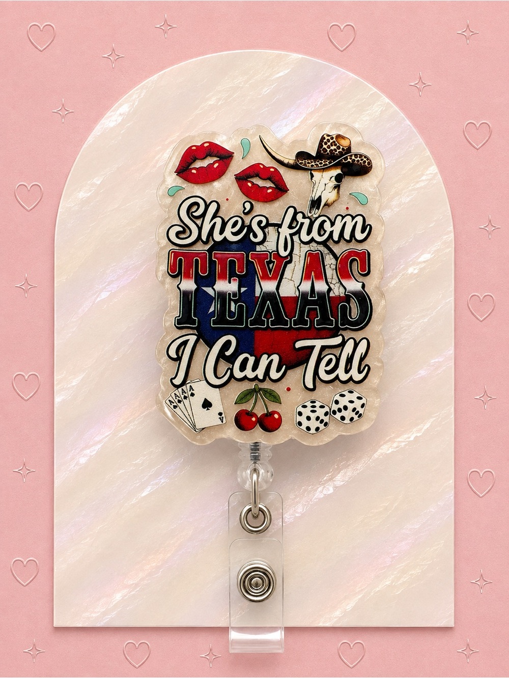 She's From Texas Badge Reel - Red/Blue Novelty ID Holder